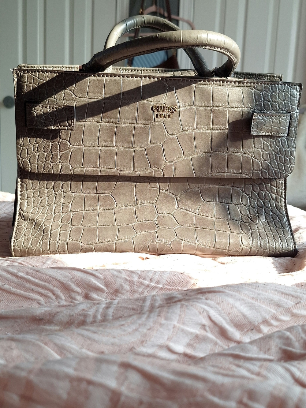 Large GUESS Taupe Croc-Embossed Top-Handle Tote